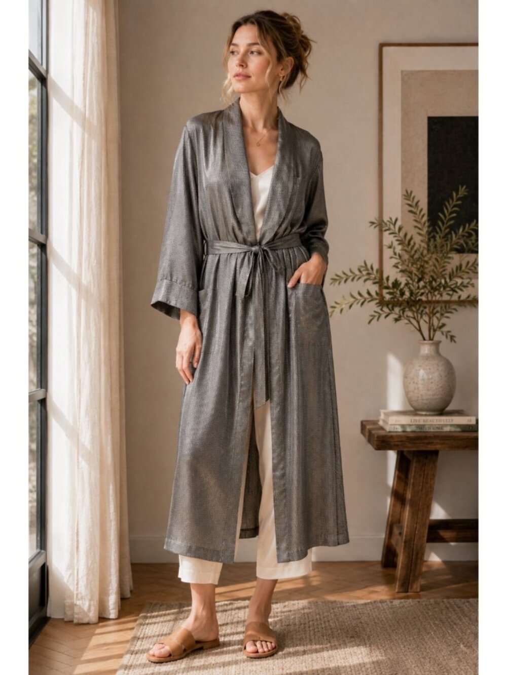 100% Silk Robe Duster L XL Gray Jacquard Belted Max Deco Quiet Luxury